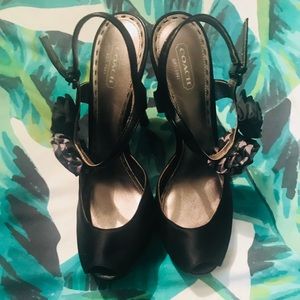 COACH Black Satin Rosette Peep Toe Pump